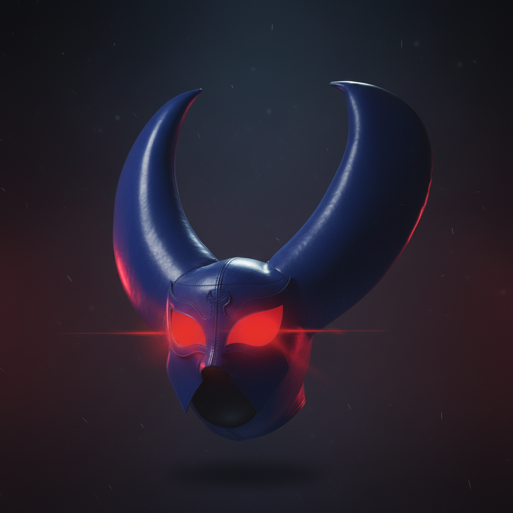 Demon Twink Mask No. 3 The Horny Mask — photorealistic product photo, dramatic blue bat-wing horns with glowing red LED eyes