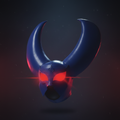 Demon Twink Mask No. 3 The Horny Mask — photorealistic product photo, dramatic blue bat-wing horns with glowing red LED eyes