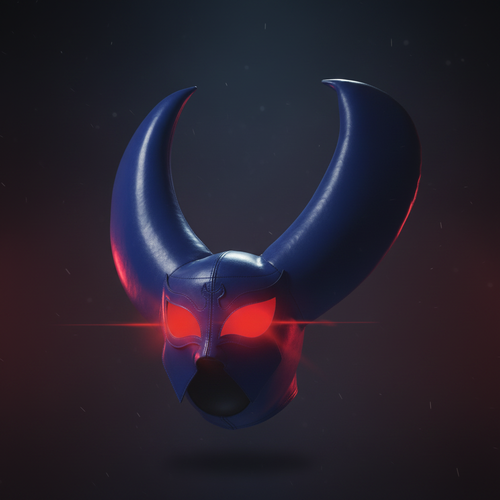 Demon Twink Mask No. 3 The Horny Mask — photorealistic product photo, dramatic blue bat-wing horns with glowing red LED eyes