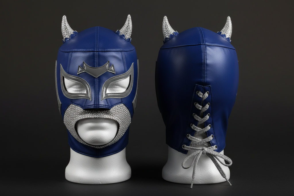 Demon Twink Mask No. 2 Tag Team — dark background photorealistic product photo, front and back views
