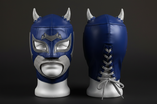 Demon Twink Mask No. 2 Tag Team — dark background photorealistic product photo, front and back views