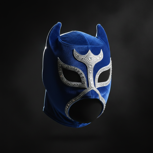 Demon Twink Mask No. 1 Blue Velvet — dark background photorealistic product photo